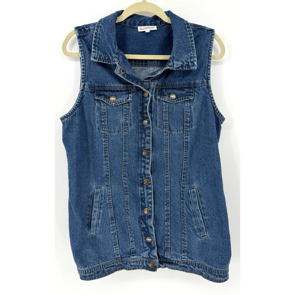 North Style Denim Vest Jacket Womens Large Blue Snap Front Sleeveless Casual